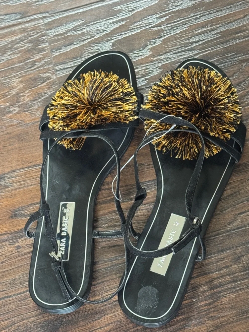 Zara Black Sandals with Metallic Gold Pom Detail - Picture 9 of 11